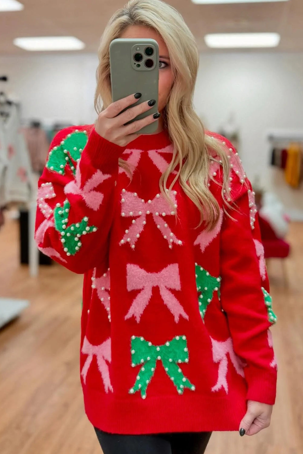 Fiery Red Bow Pearl Christmas Sweater