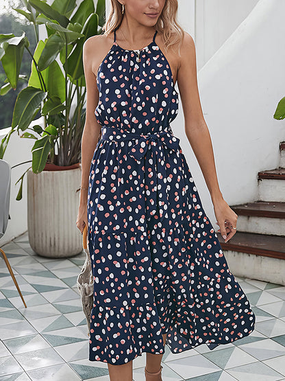 Midi Dresses - Polka Dot Loose Printed Halter Neck Sleeveless Midi Dress - MsDressly