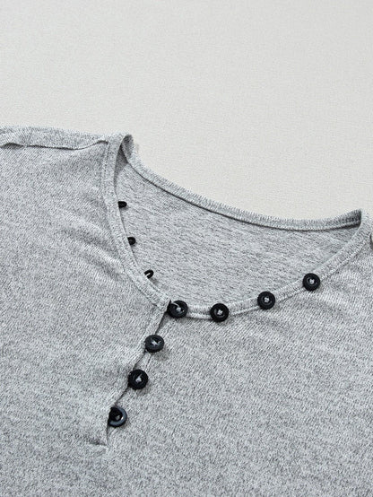 Elegant Gray Floral Lantern Sleeve V-Neck Blouse