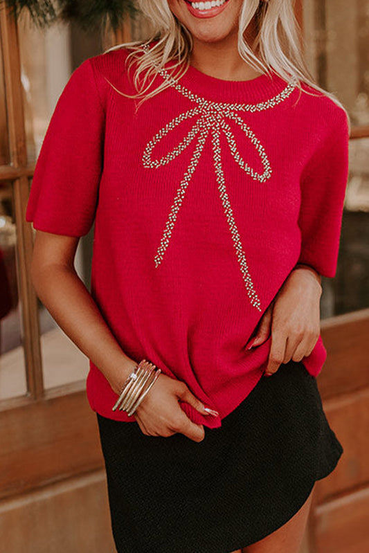 Fiery Red Contrast Bowknot Print Crew Neck Short Sleeve Sweater