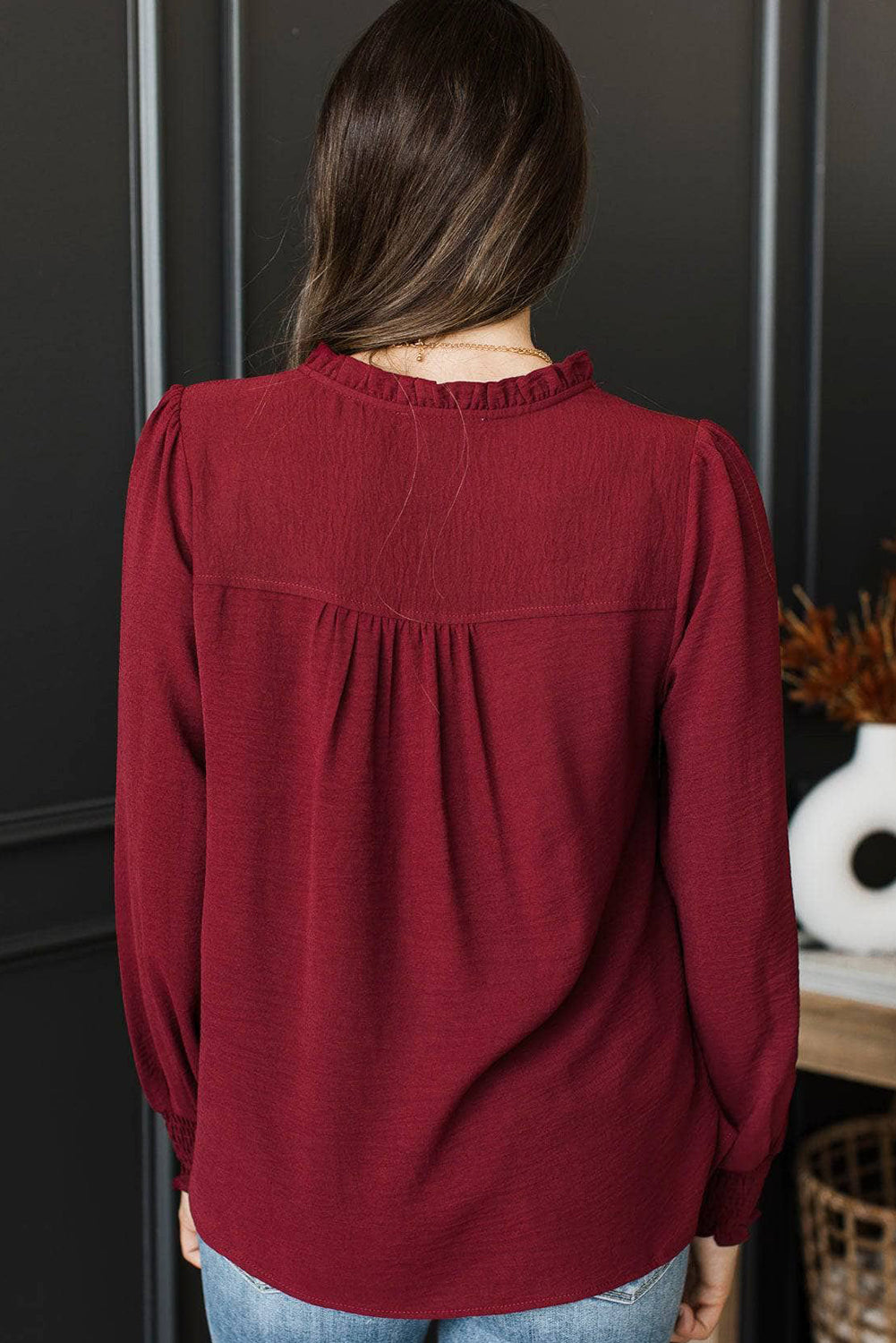 Burgundy Notched Neck Shirred Cuff Long Sleeve Blouse