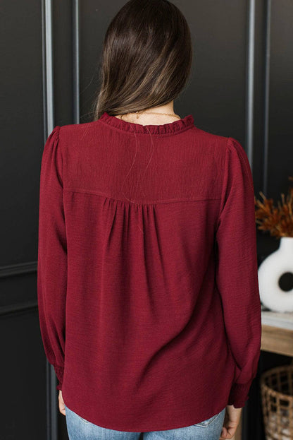 Burgundy Notched Neck Shirred Cuff Long Sleeve Blouse