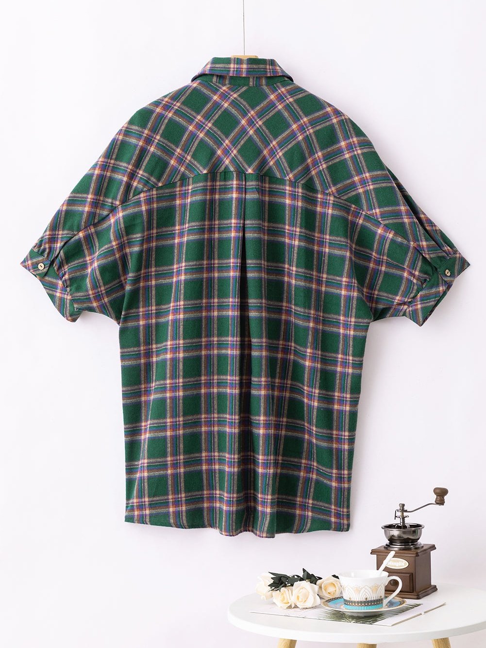Green Plaid Oversized Tunic Shirt with Half Sleeves