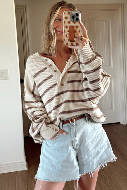 Khaki Stripe Exposed Seam Drop Shoulder Patchwork Loose Henley Sweater