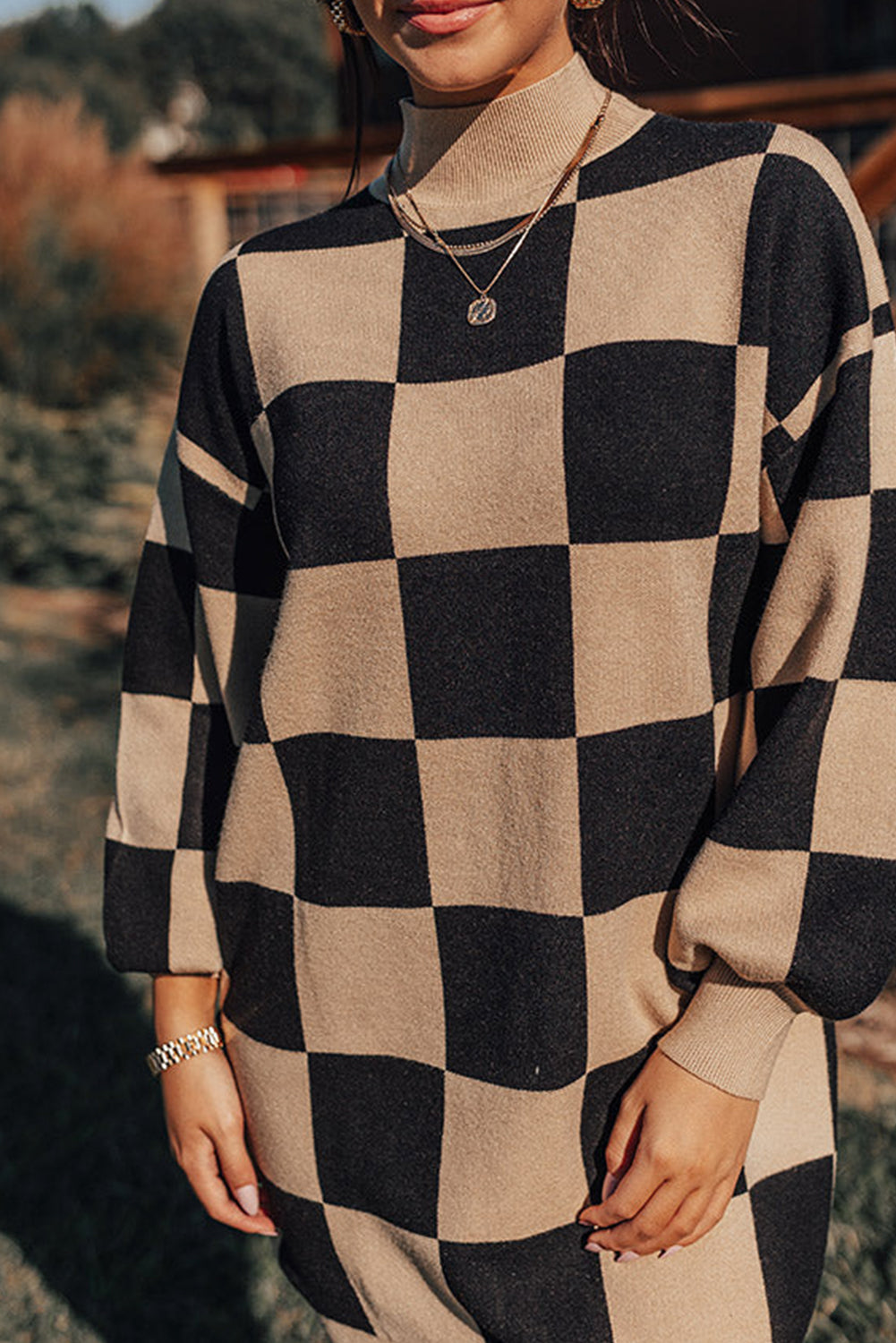 Black Checkered Pattern Knit Drop Shoulder High Neck Sweater Dress