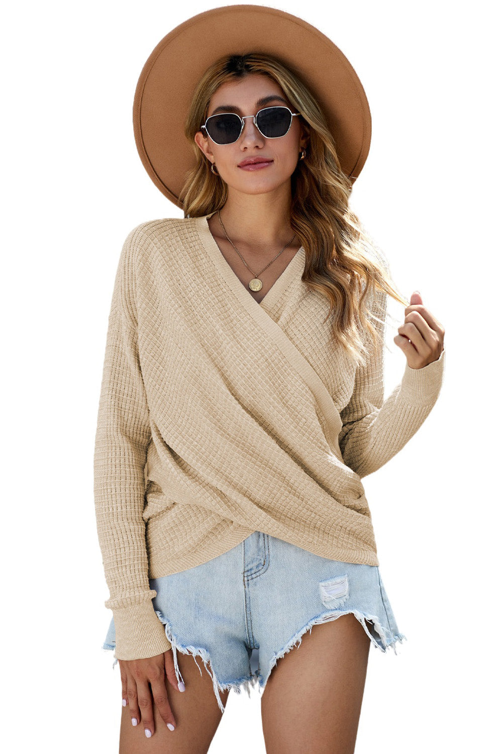 Apricot Reversible V-Neck Waffle Knit Sweater with Crisscross Detail