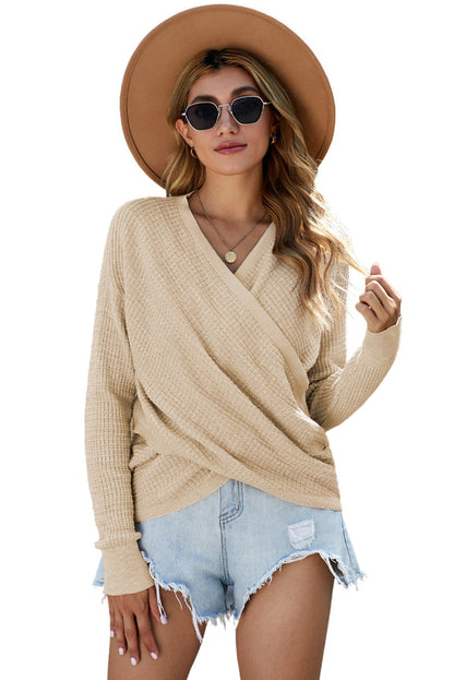 Apricot Reversible V-Neck Waffle Knit Sweater with Crisscross Detail