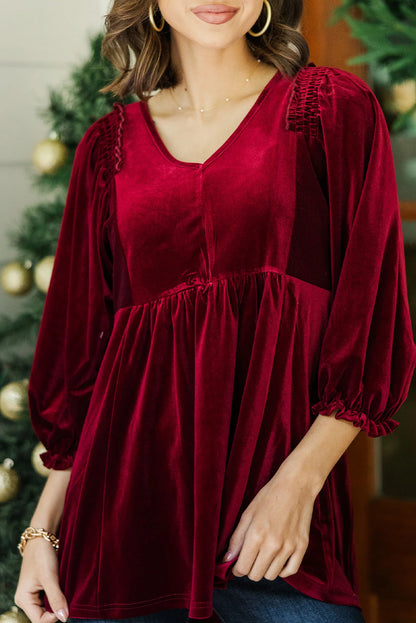 Burgundy Frilly Shirred Detail V Neck Velvet Peplum Tunic Blouse