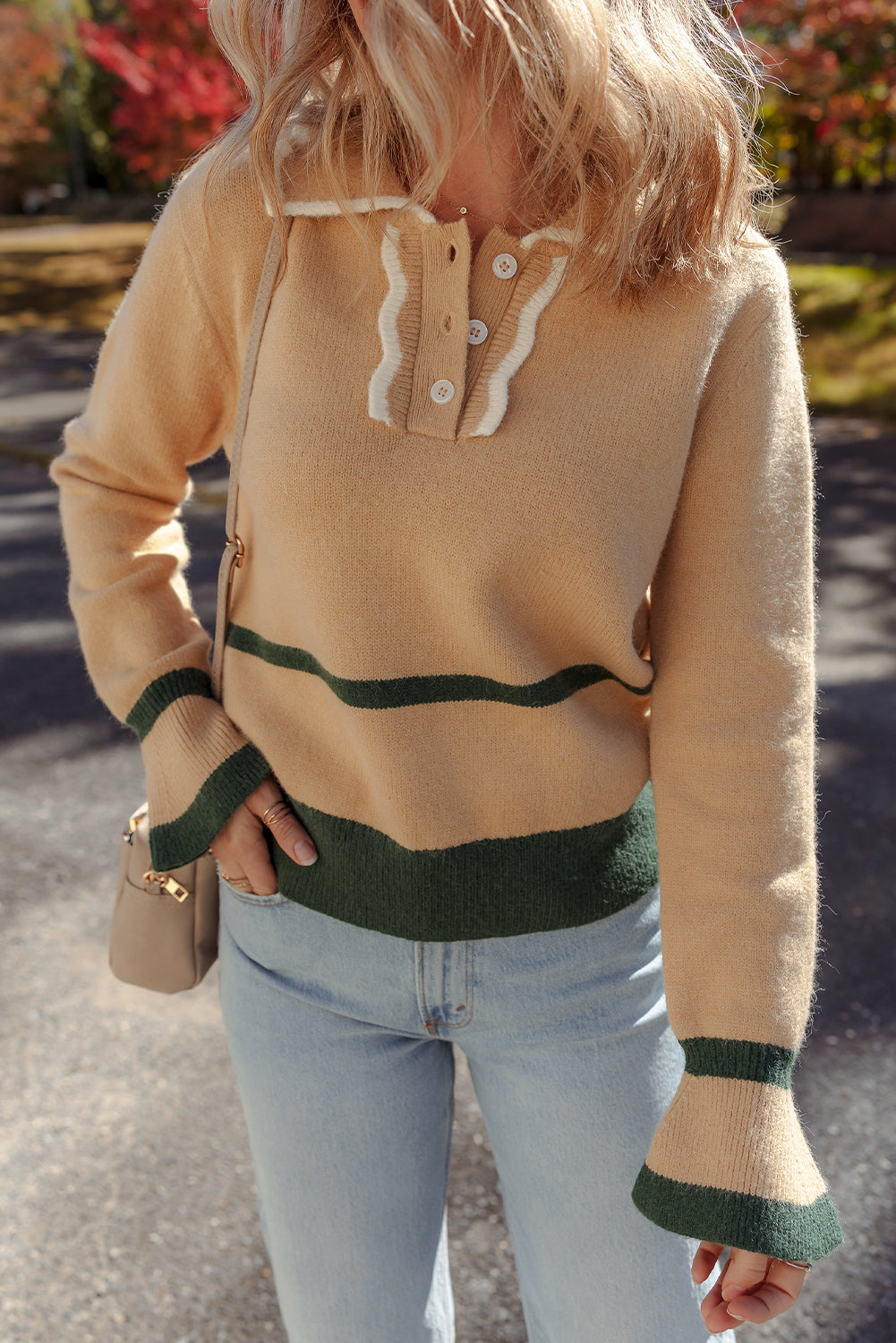 Light French Beige Contrast Trim Buttoned Collared Ruffled Sleeve Elegant Sweater