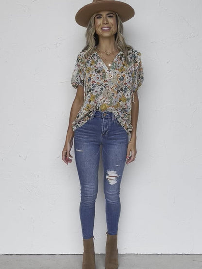 Floral Print Split V Neck Puff Sleeve Blouse