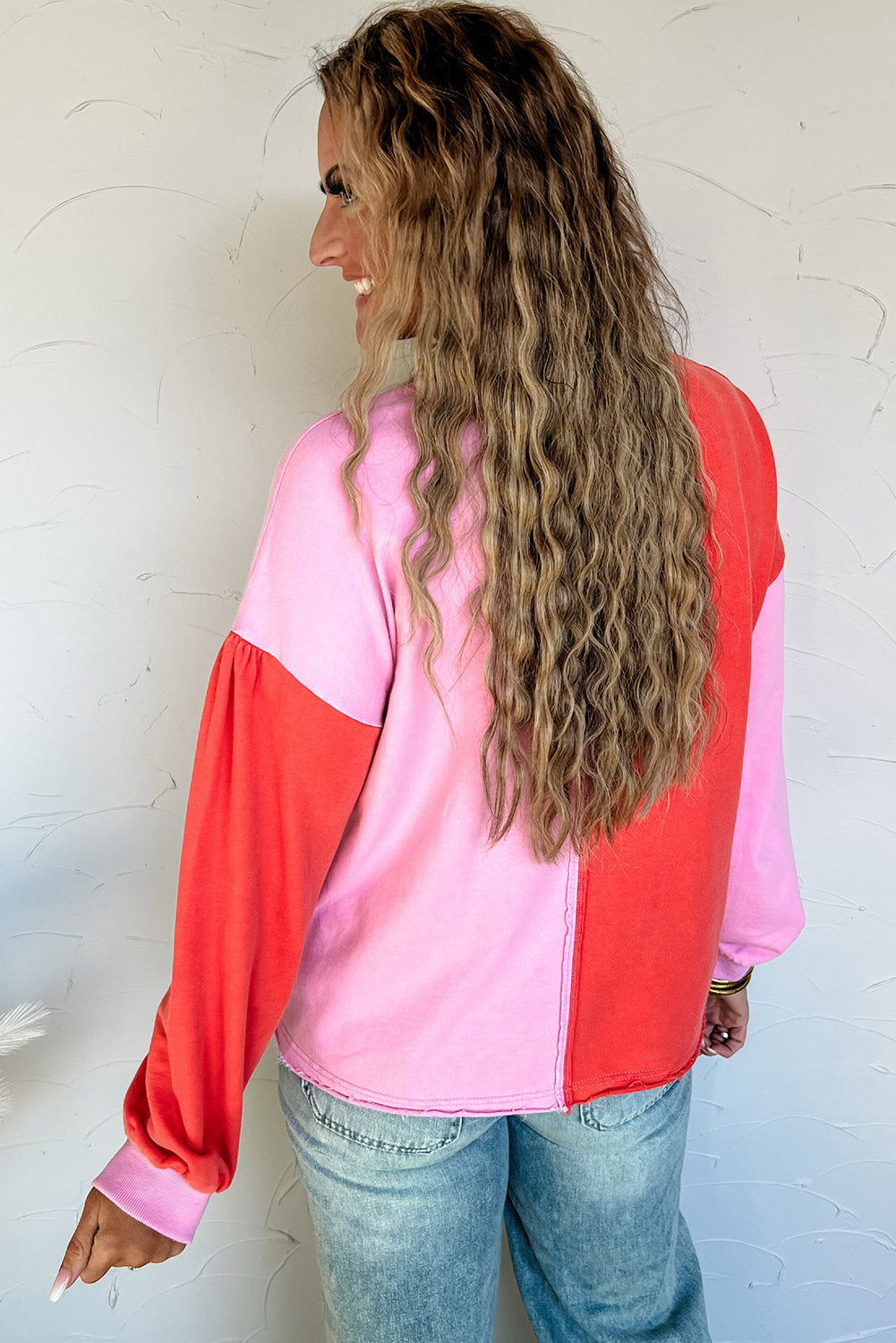 Fiery Red Big Heart Patched Color Block Patchwork Drop Shoulder Long Sleeve Top