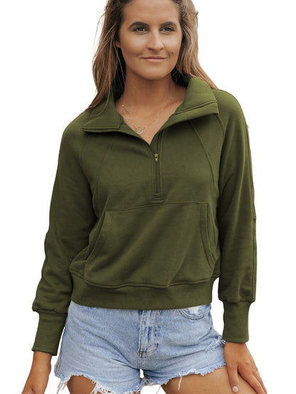 Green Ribbed Stand Collar Thumbhole Sleeve Casual Sweatshirt with Zipper
