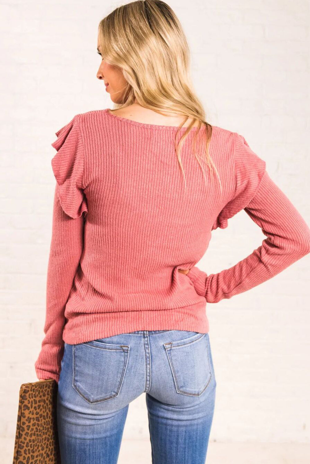 Coral Ribbed Ruffled Round Neck Long Sleeve Knit Top
