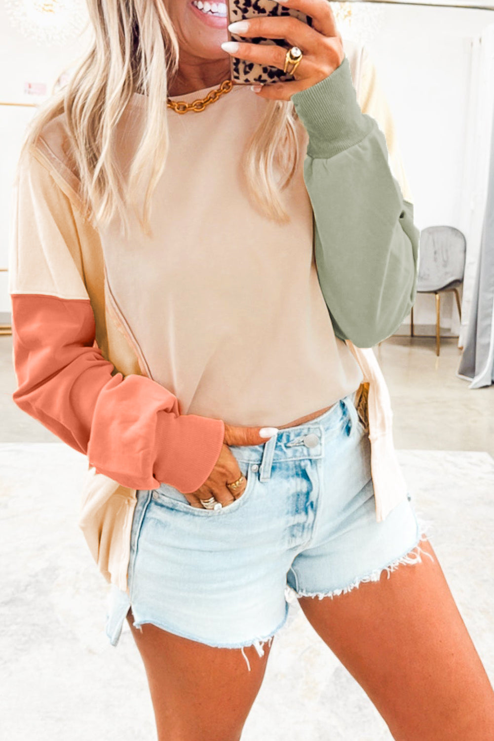 Beige Color Block Patchwork Split Hem Casual Sweatshirt