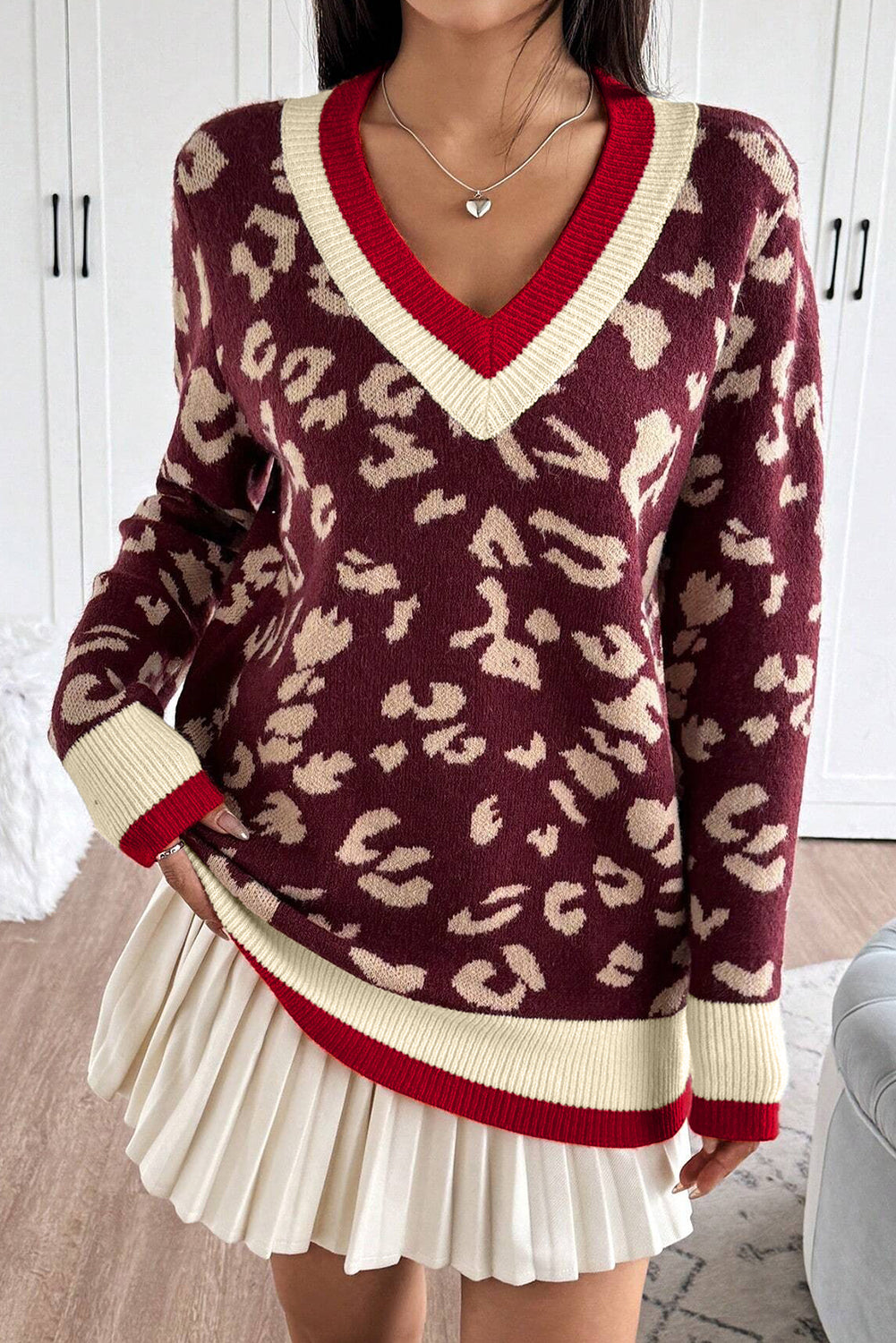 Red Leopard Pattern Knit Contrast Striped Trim V Neck Sweater