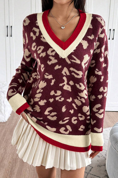 Red Leopard Pattern Knit Contrast Striped Trim V Neck Sweater