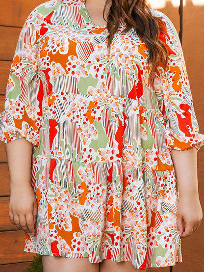 Multicolour Plus Size Mix Floral Puff Sleeve Ruffled Dress