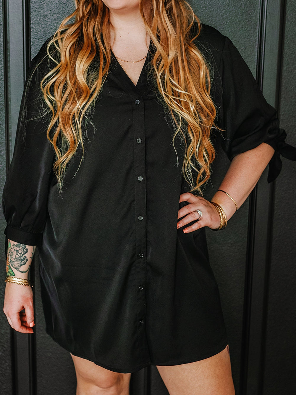 Black Plus Size Tie Cuffs V Neck Shirt Dress