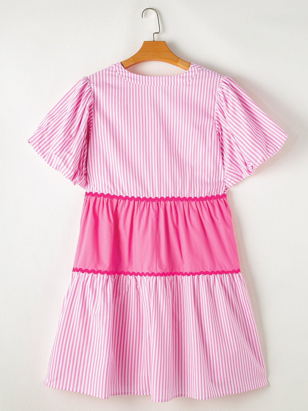 Pink Ricrac Stripe Block Puff Sleeve A-Line Shift Dress