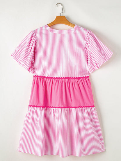 Pink Ricrac Stripe Block Puff Sleeve A-Line Shift Dress