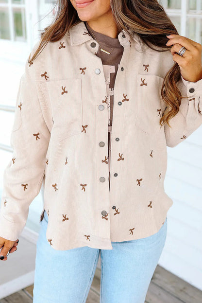 Jet Stream Tiny Bow Embroidered Button Down Corduroy Shacket