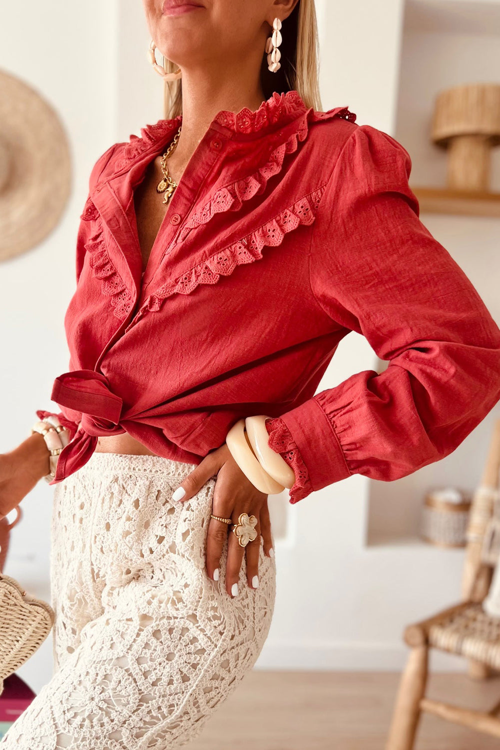 Red Clay Embroidered Ruffled Edge Puff Sleeve Shift Shirt