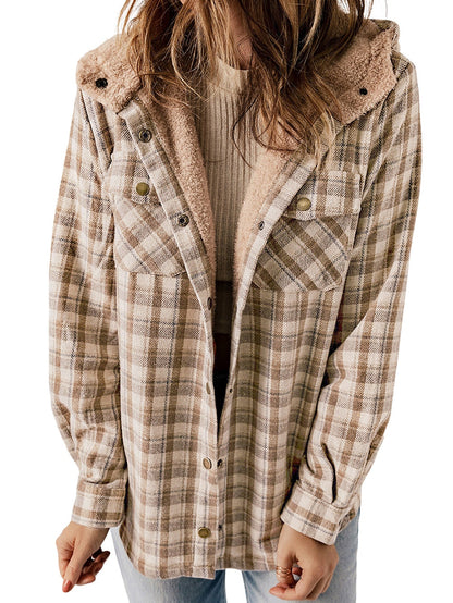 Khaki Checkered Sherpa-Lined Hooded Shacket