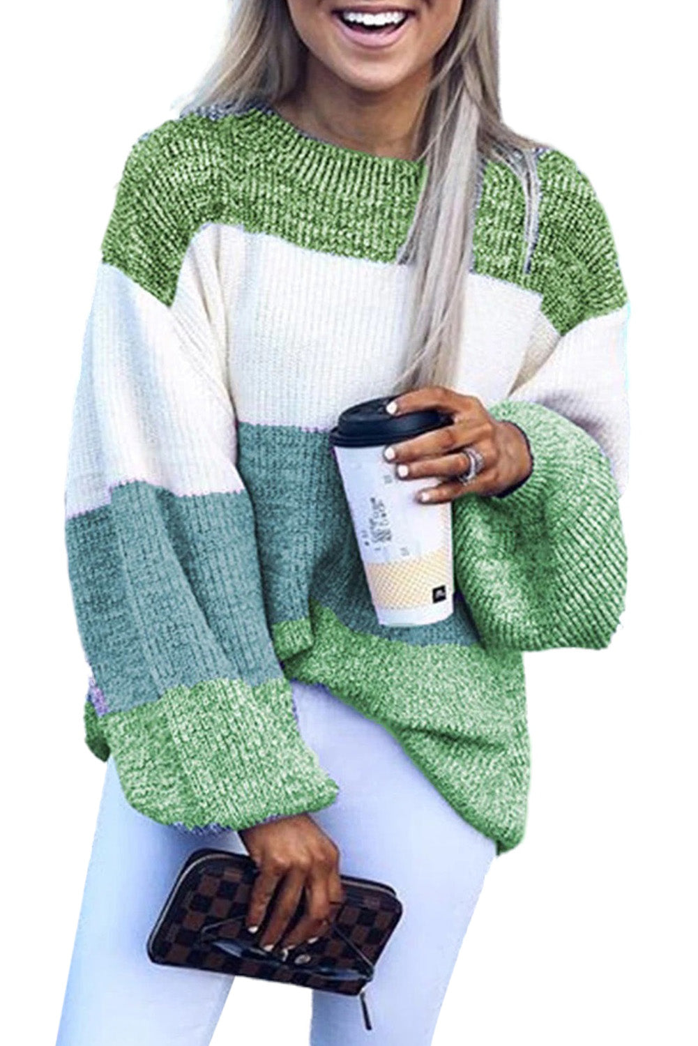 Green Long Sleeve Knitted Round Neck Casual Sweater
