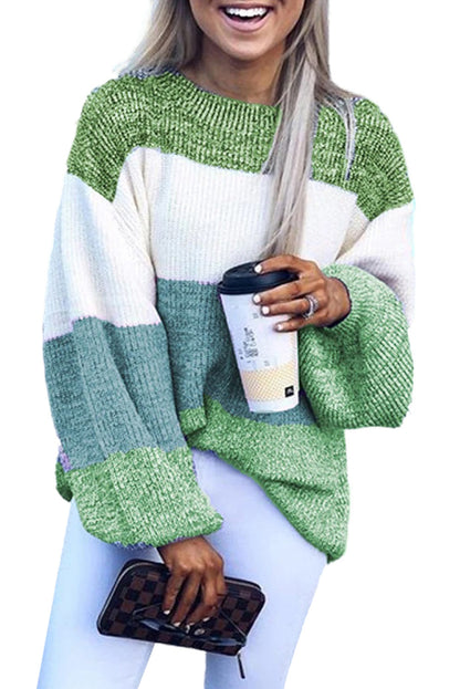 Green Long Sleeve Knitted Round Neck Casual Sweater