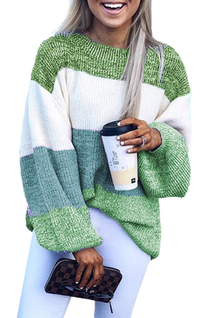 Green Long Sleeve Knitted Round Neck Casual Sweater