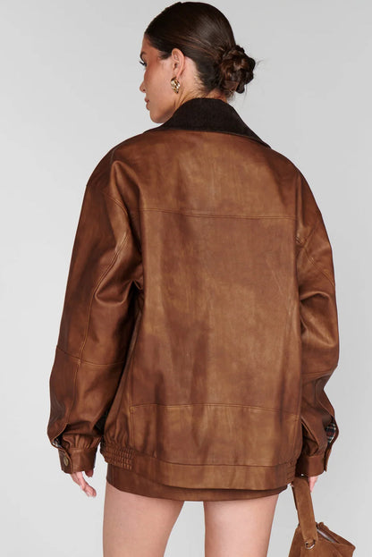 Coffee Retro Faux Leather Contrasted Corduroy Collar Patchwork Jacket