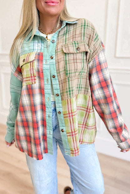 Green Mixed Plaid Patchwork Button Down Flannel Shacket