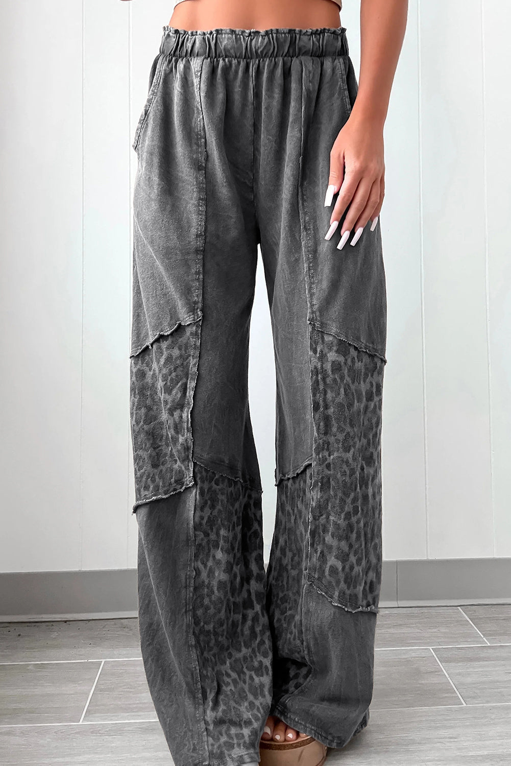 Dark Grey Mineral Wash Leopard Patchwork Loose Pants