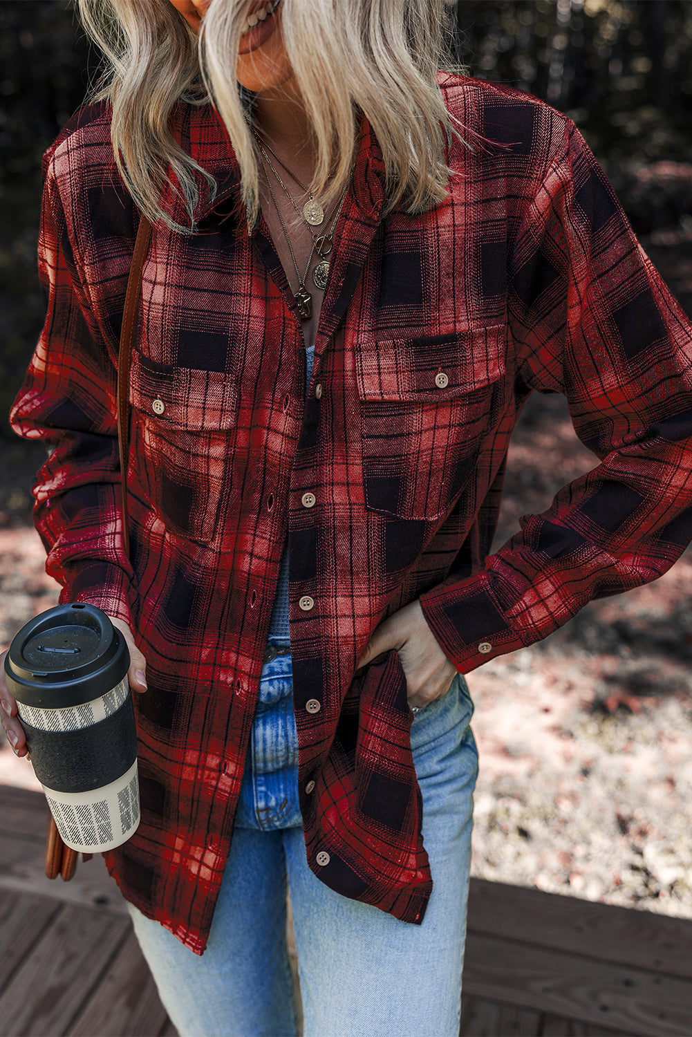 Red Retro Plaid Double Flap Pocket Brushed Shacket