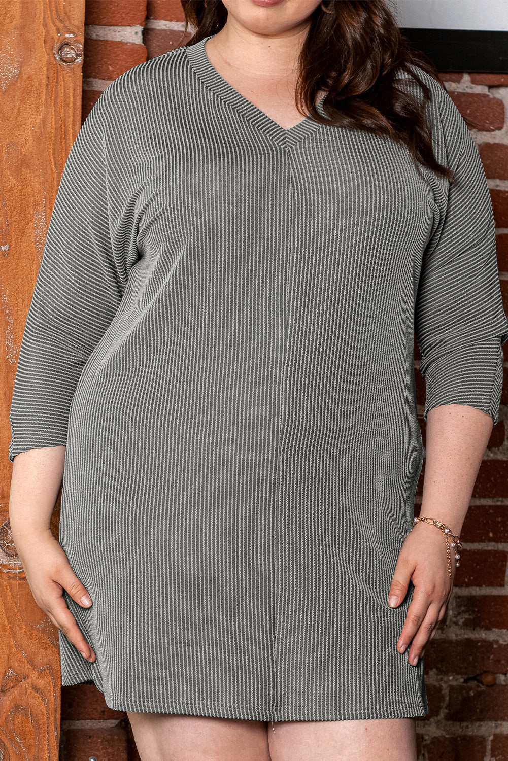 Philippine Gray Plus Size Corded V Neck Shift Dress