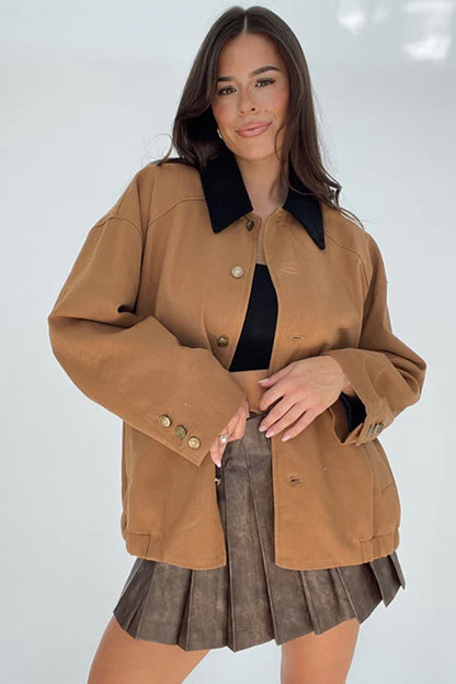 Light French Beige Button Cuff Detail Contrast Collar Patchwork Jacket