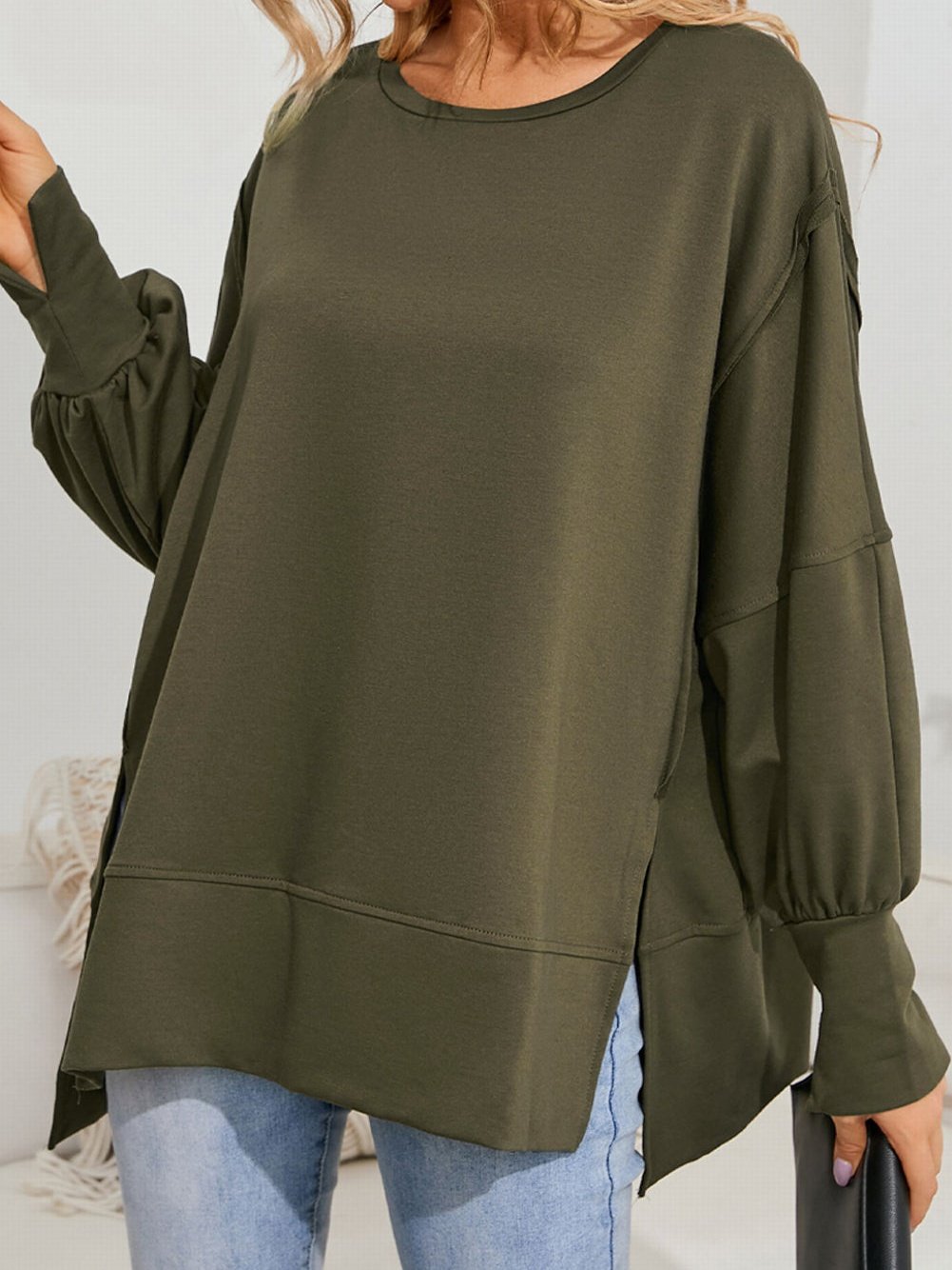 Green Patchwork Oversized Drop Shoulder Top