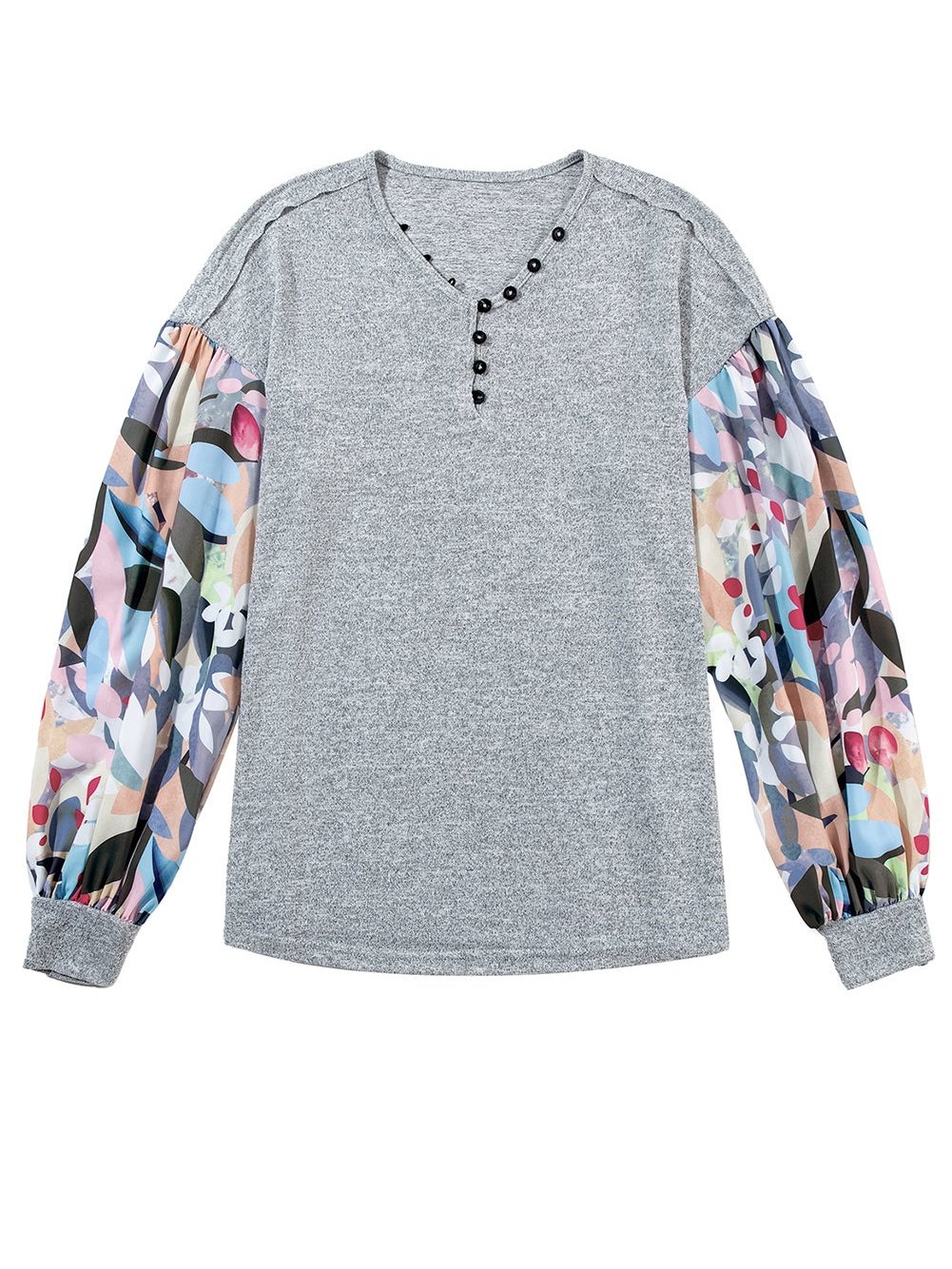 Elegant Gray Floral Lantern Sleeve V-Neck Blouse