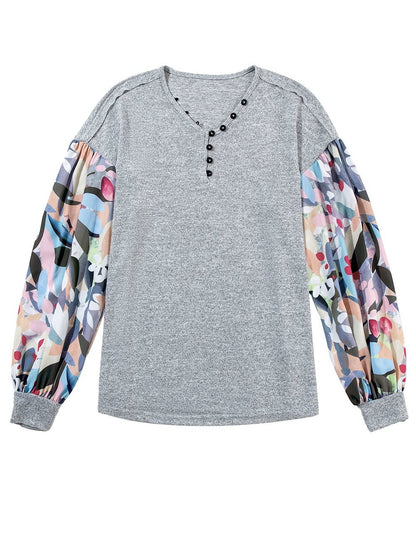 Elegant Gray Floral Lantern Sleeve V-Neck Blouse