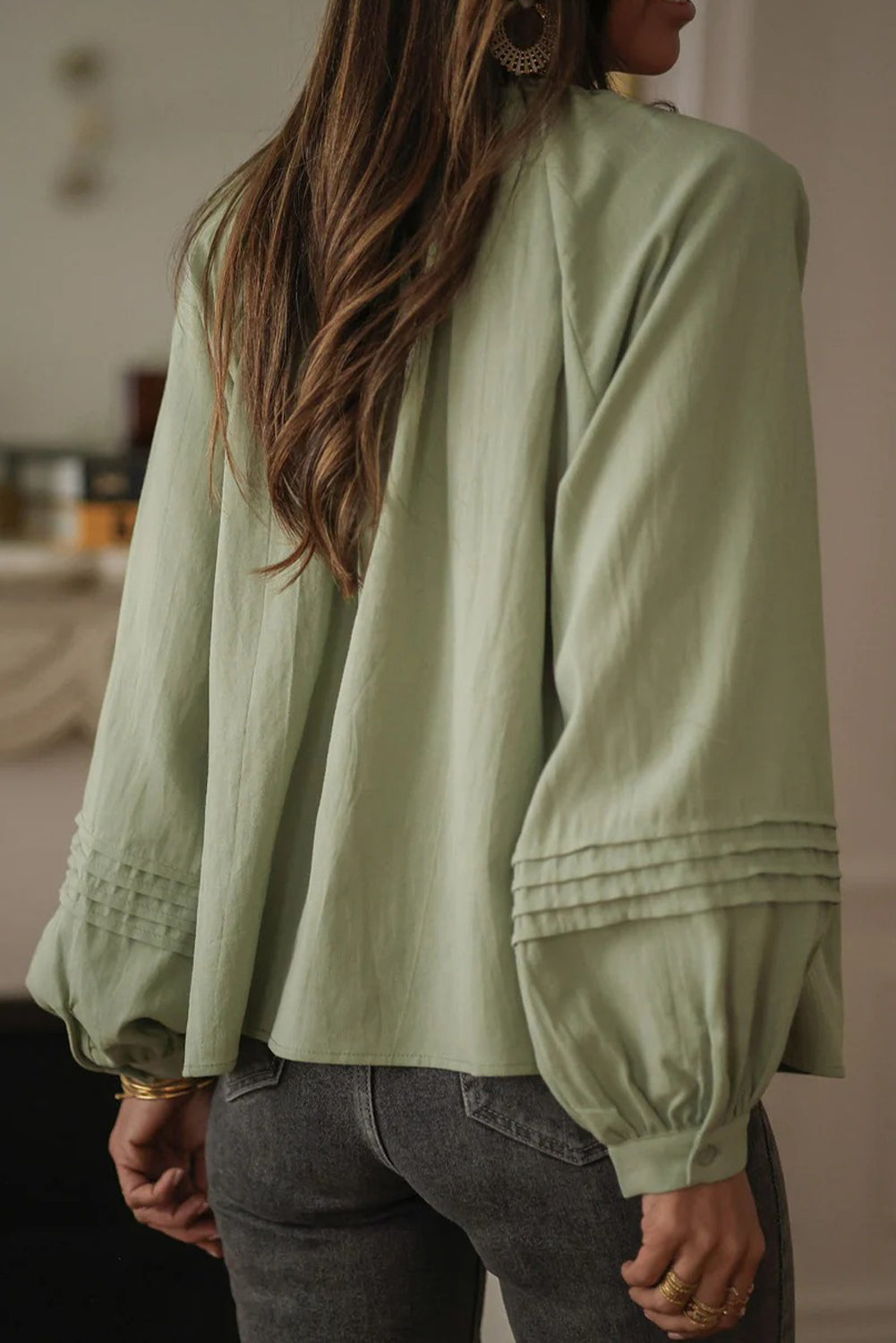 Laurel Green Eyelet Embroidered Patchwork Pintuck Long Sleeve Shirt