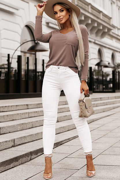 Khaki Ribbed V Neck Top with Chest Pocket