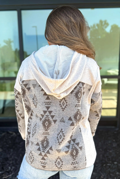 Gray Western Aztec Print Color Block Patchwork Drawstring Hooded Shacket