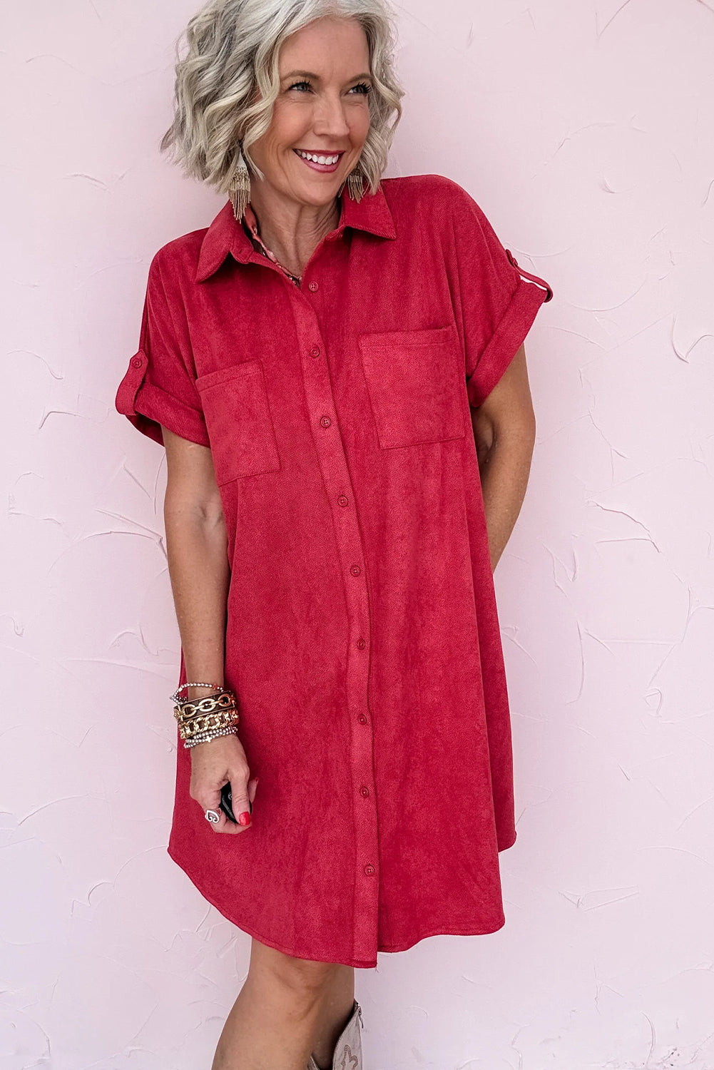 Fiery Red Roll-tab Short Sleeve Patched Chest Pocket Shift Mini Shirt Dress
