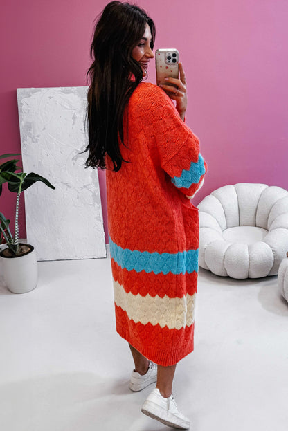 Orange Color Block Side Pockets Open Front Long Cardigan