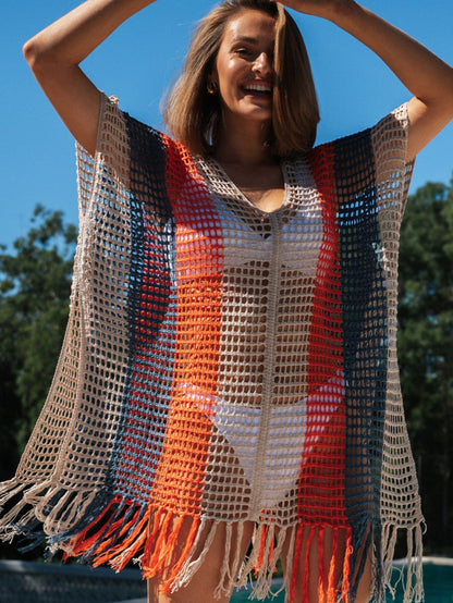 Beach Ready Striped Crochet Tassel Cover Up Dress