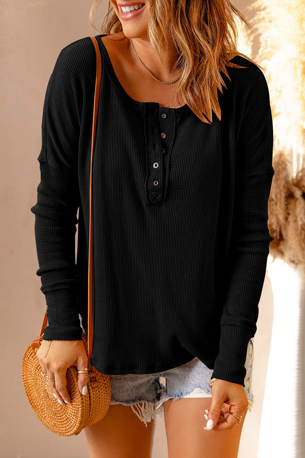 Elegant Black Waffle Knit Henley Top with Button Front