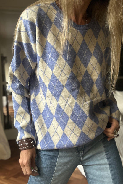 Purple Checkered Colorblock Round Neck Sweater Top