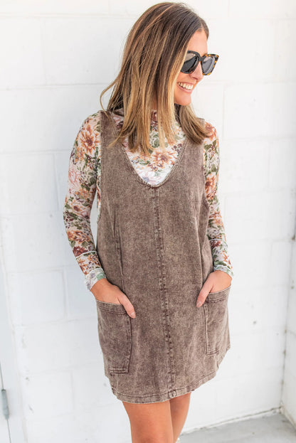 Goat Vintage Washed Denim V Neck Suspender Mini Dress