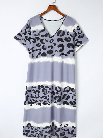 Leopard Color Block V Neck Plus Size T Shirt Dress