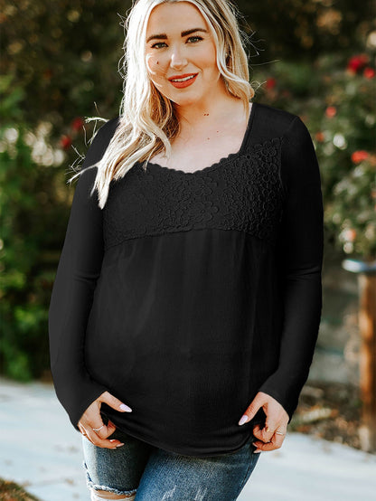 Elegant Black Lace Panel V Neck Long Sleeve Blouse